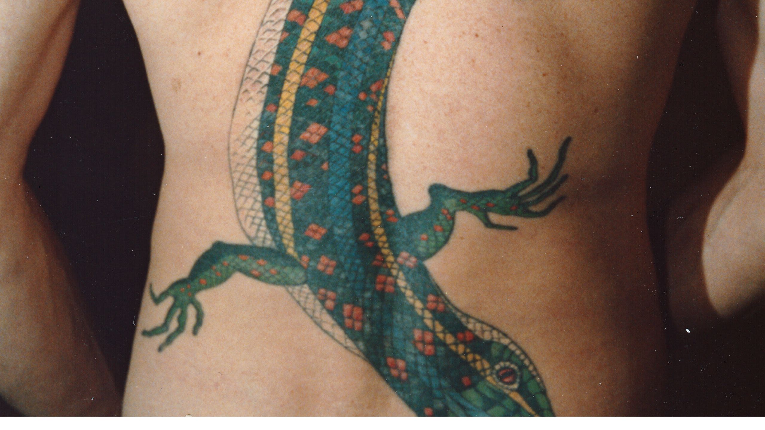 A tattoo design by Mr Sebastian of a lizard on someone's back, courtesy of the Bishopsgate Institute