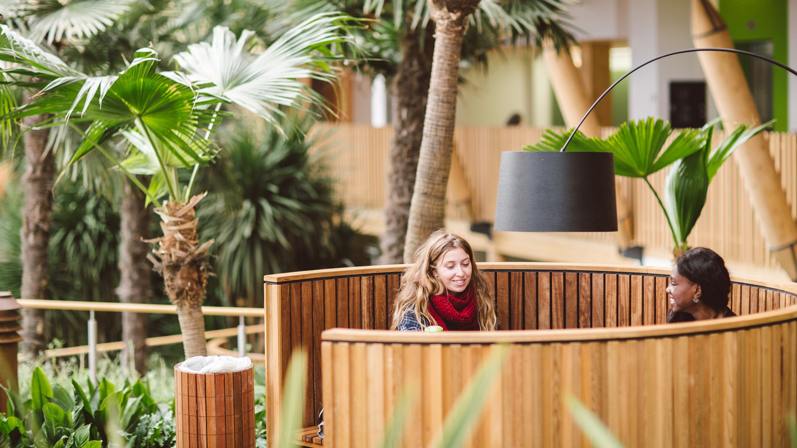 Students work together at one of the circular benches in Essex Business School's winter garden.